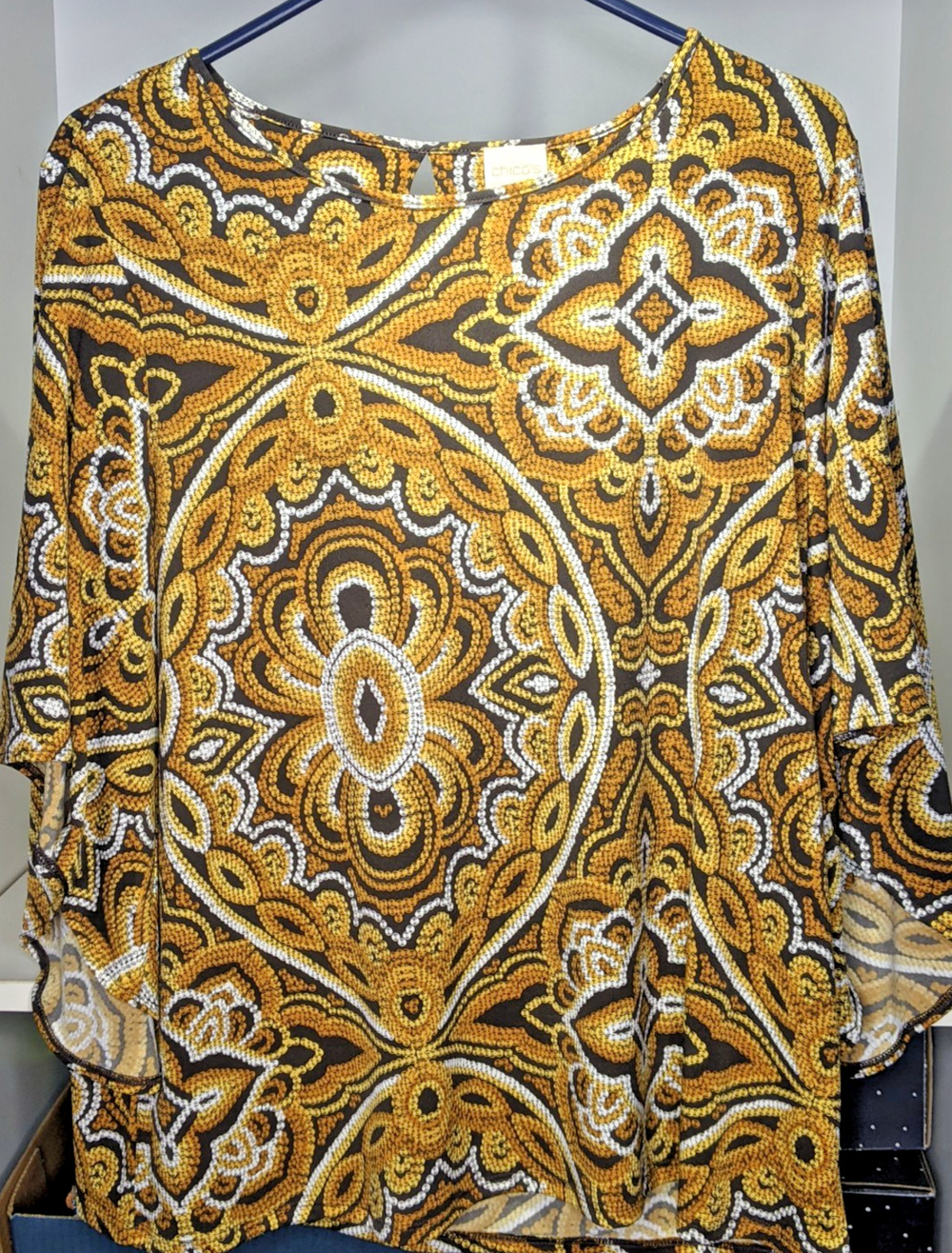 Chicos 2 (12-14) Bell Sleeve Browns Golds Autumn Polyester Blend Stretch